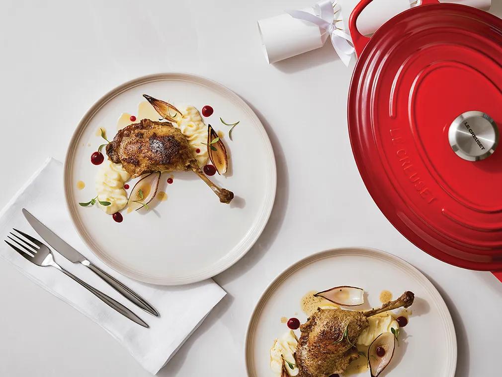 Andeconfit med kartoffelpuré og ristede skalotteløg